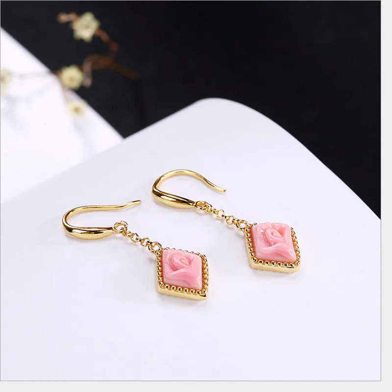 Uglyless Geometric Fine Jewelry for Women Natural Pink Shell Earrings Handmade Rose Flower Gold Plated Solid 925 Silver | Украшения и
