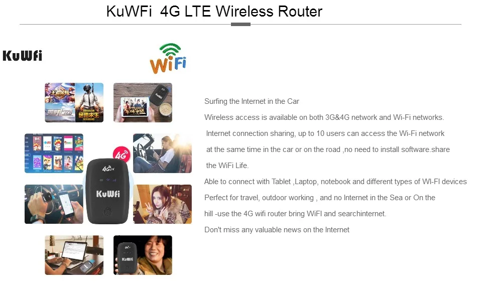 KuWFi разблокированный 3g 4G Wi-Fi роутер Точка доступа Мобильный портативный карманный беспроводной автомобиль mifi-модем 2000 мАч батарея уличный Wi-Fi роутер