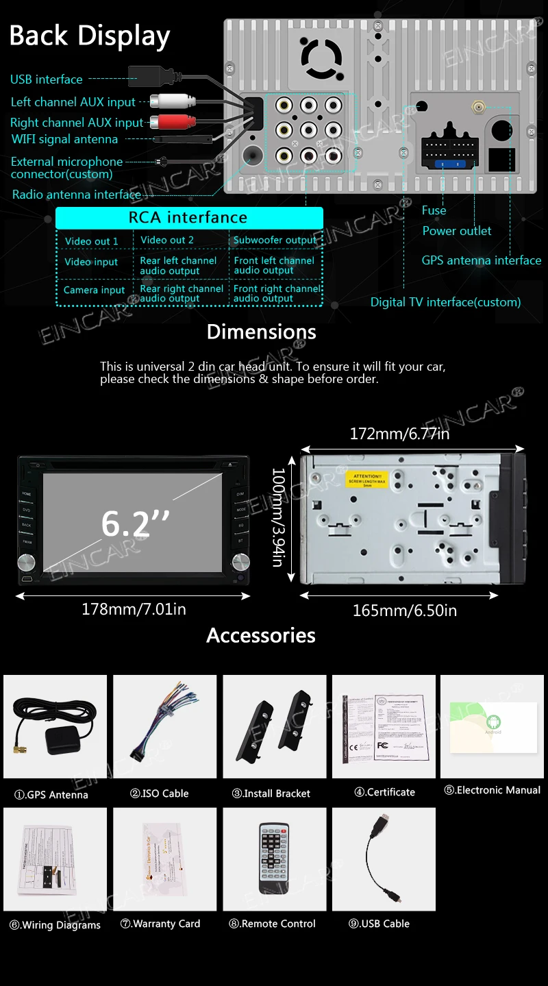 Navigation Support 3G 4G WiFi Mirror Link 1080P OBD2 SWC Dual Camera Eincar Android 8.1 Oreo OS Car Stereo Double Din 6.2 Inch | Автомобили