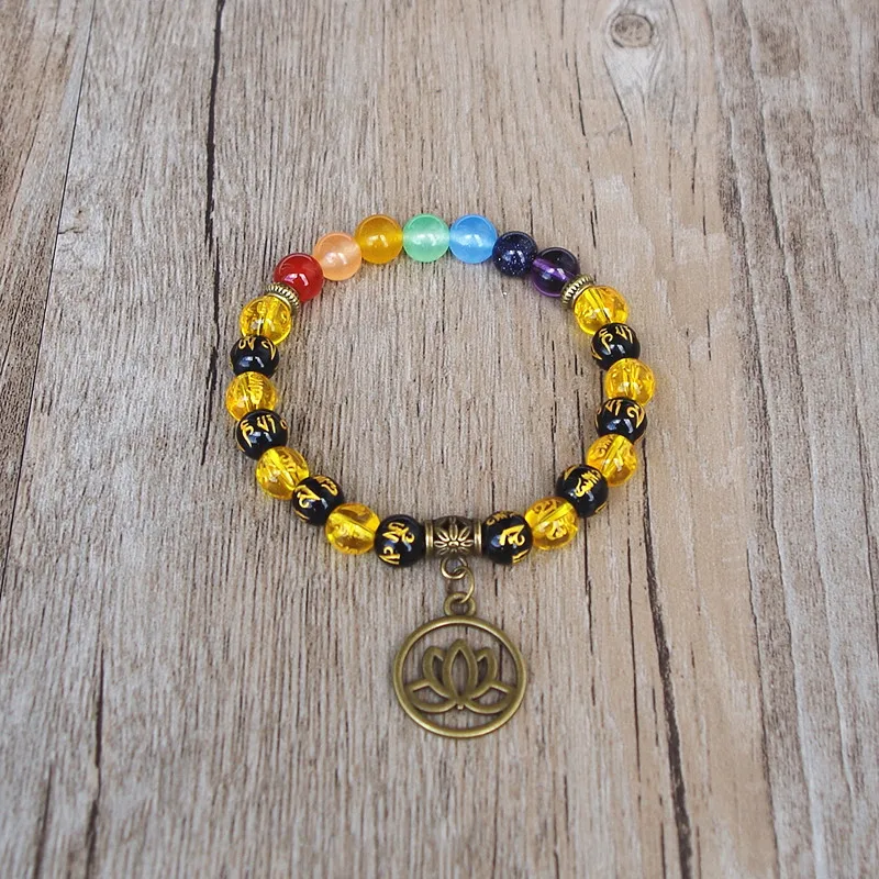 Женский и мужской браслет из семи чакр буддизм Ом Мани Падме ГУМ бусы Лотос