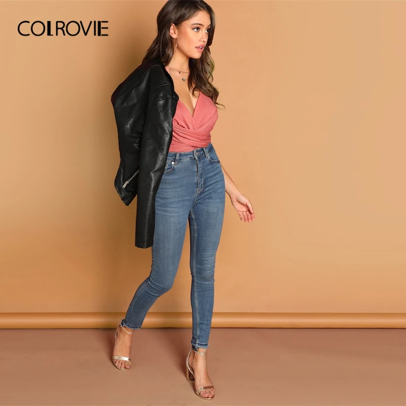 COLROVIE, розовый, однотонный, с глубоким вырезом, с перекрещивающимися бретельками, сексуальное боди, женская одежда, весна, модный, без рукавов, Клубные, вечерние, боди