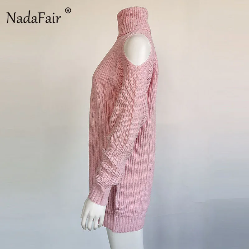 Nadafair плюс размер водолазка вязаный свитер зимнее платье женские свободные однотонные полые теплые сексуальные свитера джемпер платье