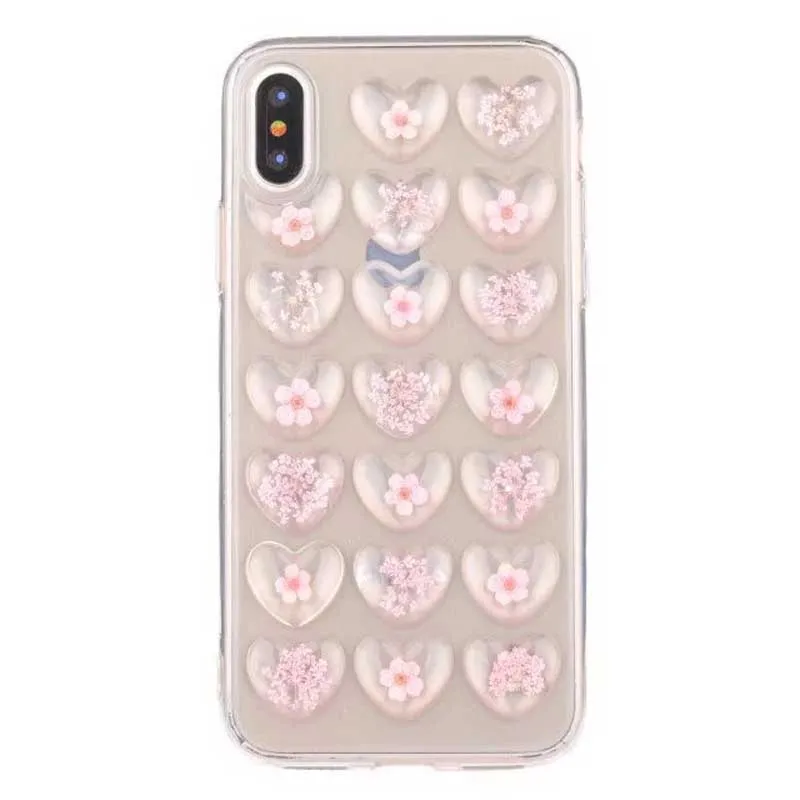 Модные 3D сердце любовь настоящие сухие цветы чехол для iPhone Xs Max Xr 8 7 6 Plus Прозрачный