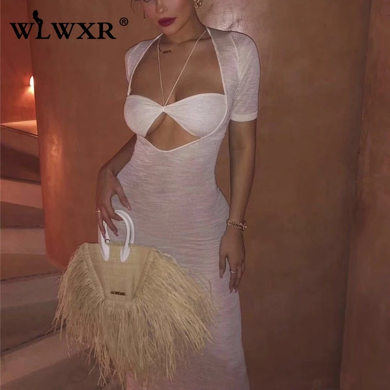 Женское длинное платье с прозрачной сеткой WLWXR Белое Облегающее макси вечерние