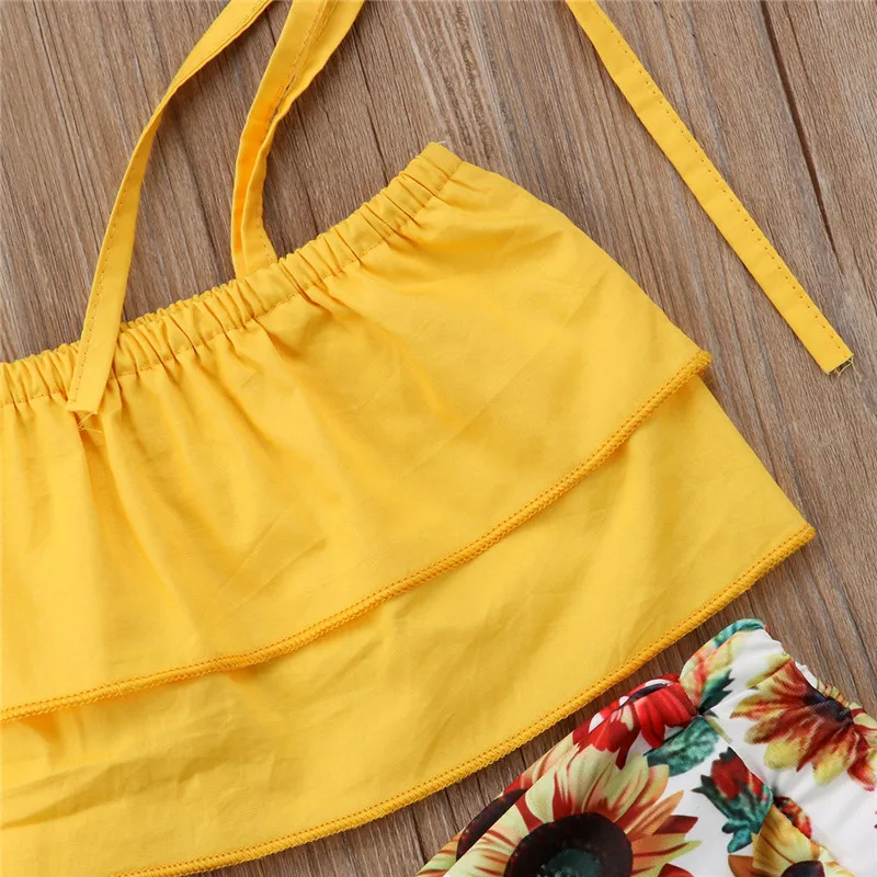 Детский желтый бандажный кроп топ pudcoco для маленьких девочек + широкие брюки с