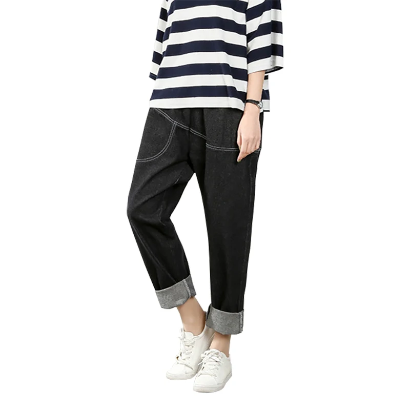 Женские свободные джинсы до щиколотки черные джинсовые шаровары с высокой