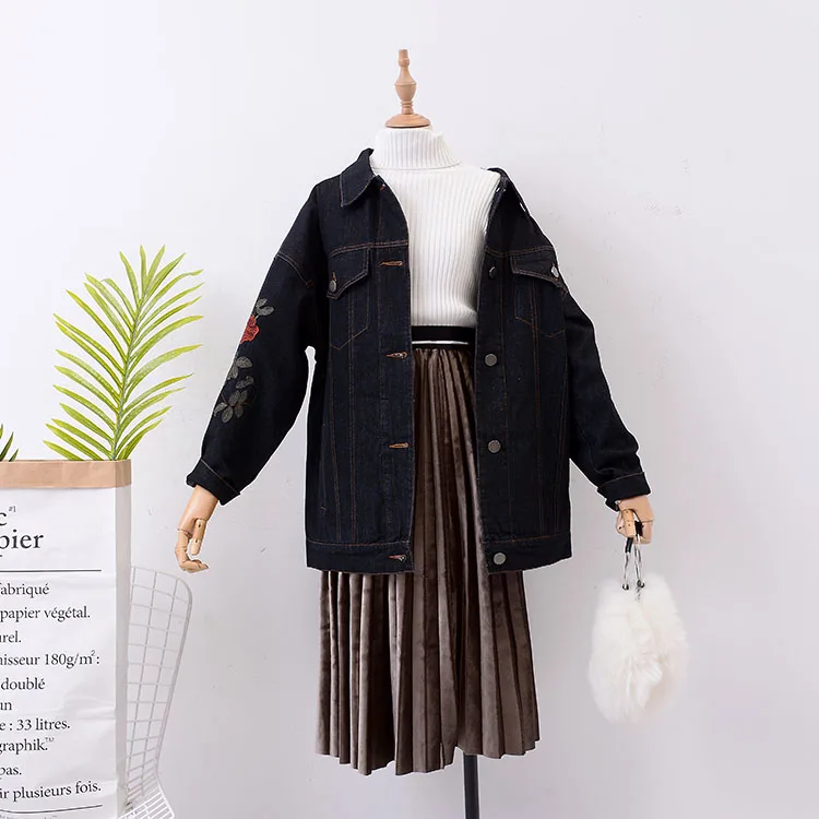 2018 женское базовое пальто Джинсовая куртка с цветочной вышивкой джинсовая