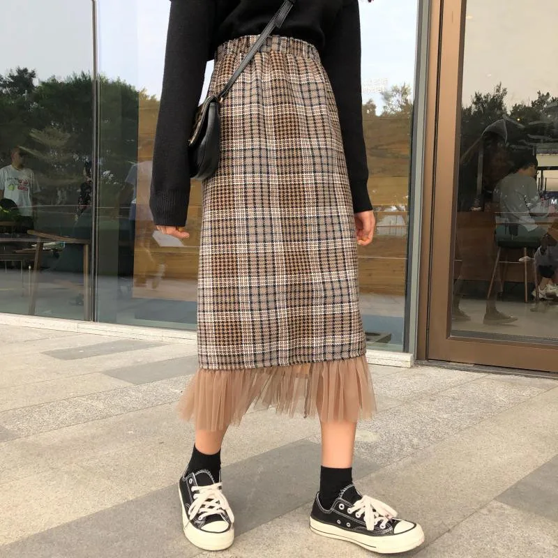 Осень-зима женские юбки Harajuku модные сетчатые строчки с эластичной резинкой на талии шерстяные юбки для девочек ретро клетчатые миди юбки низ
