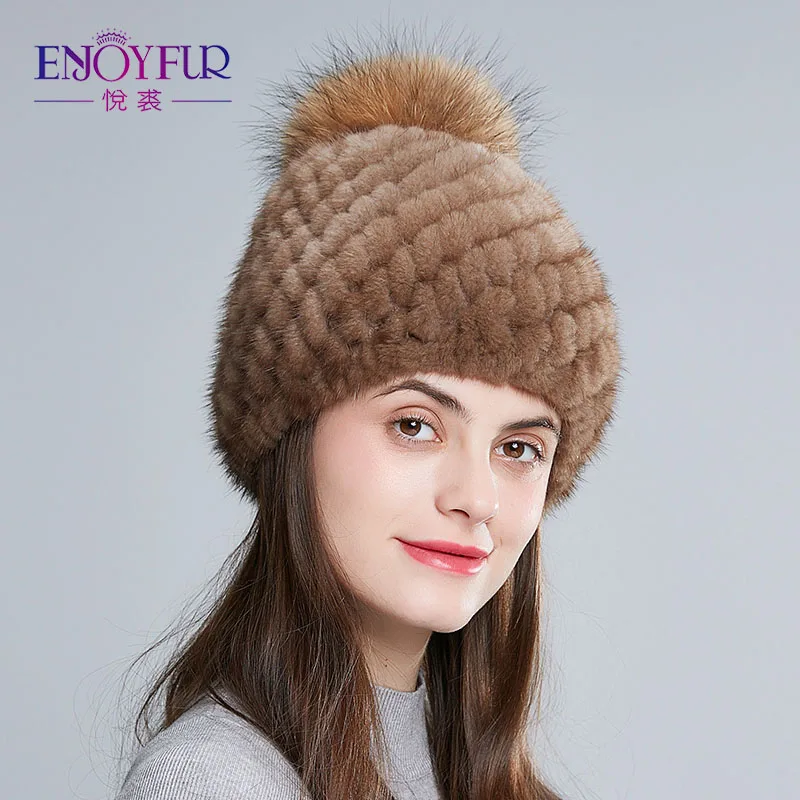 ENJOYFUR горячая Распродажа меховая шапка из натуральной норки для женщин, зимняя вязаная шапка из меха норки с помпонами из меха лисы, новая Толстая Женская шапка - Цвет: 14