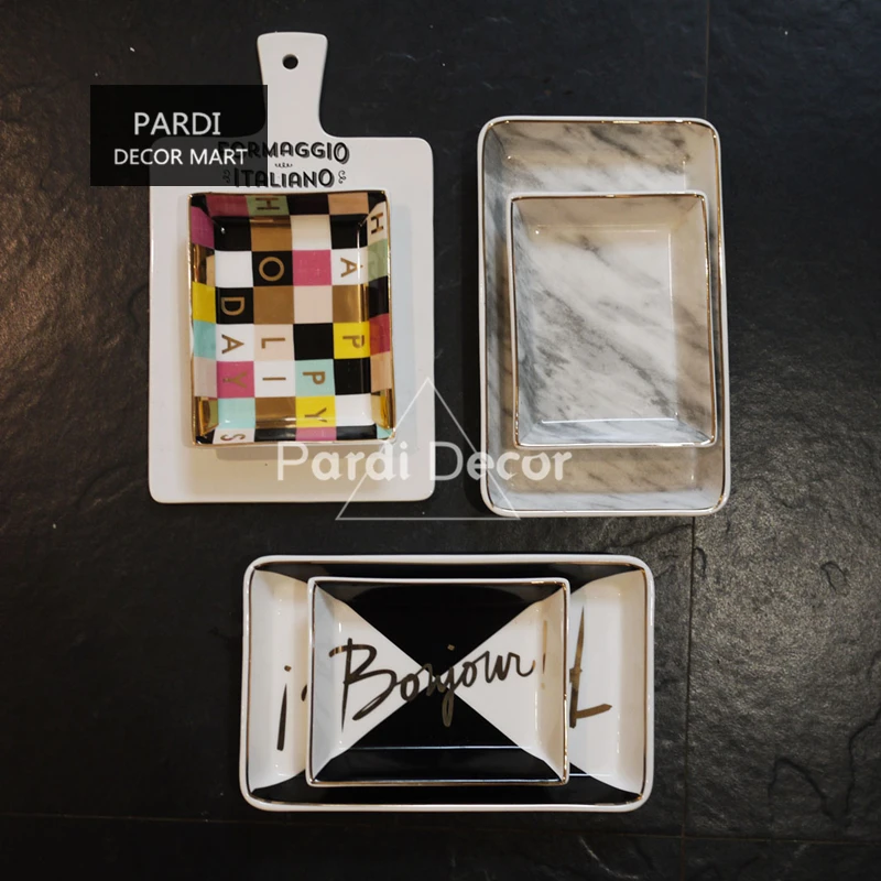 Европейская мода тарелка для еды Мраморная золотая линия конфет украшения 1