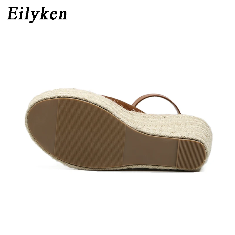 Eilyken/летние коричневые женские босоножки из флока на платформе; Эспадрильи на танкетке с открытым носком; удобные женские босоножки с ремешком и пряжкой