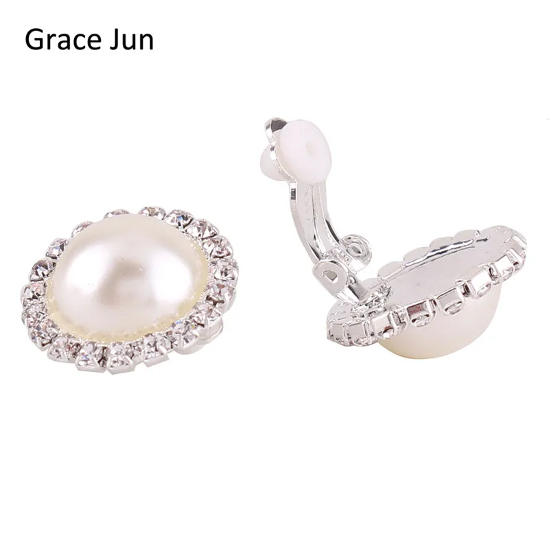 

Grace Jun New Design Double Round Shape Rhinestone Clip on Earrings Without Piercing Fashion Simulated Pearl Ear Clip