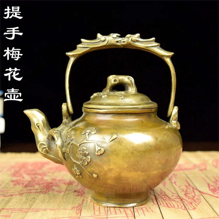 Copper copper kettle antique teapot plum small old plum blossom pattern plates living room decoration sroom Art Statue