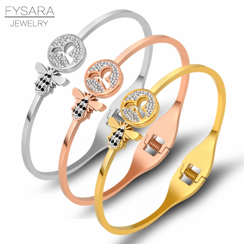FYSARA Classic Insect Design Bees Crystals Bangle Bracelet for Women Stainless Steel Gold Color Cuff Bracelets Famous Jewelry | Украшения и