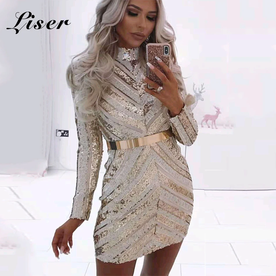 Liser Новинка лета 2019 женское платье с высоким воротом сексуальное блестками