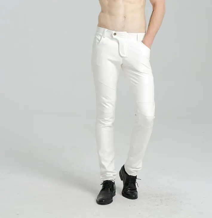 white thin Slim fitvelvet personality fashion motorcycle faux leather pants mens feet pants pu trousers men pantalon homme