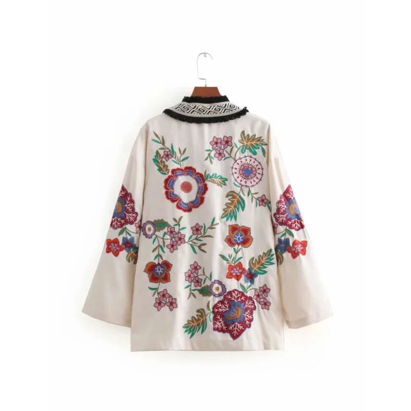 2019 autumn women floral embroidery oversized kimono coat tassel patchwork open stitch pockets female loose outerwear coats | Женская