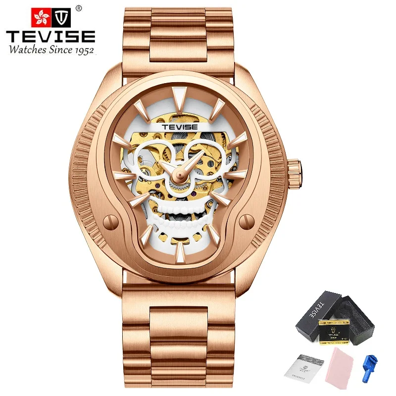 

Skeleton Watch Man TEVISE T853 Automatic Mechanical Watches 22mm Watch Band Strong Luminous Gold Black Hollow Wristwatches
