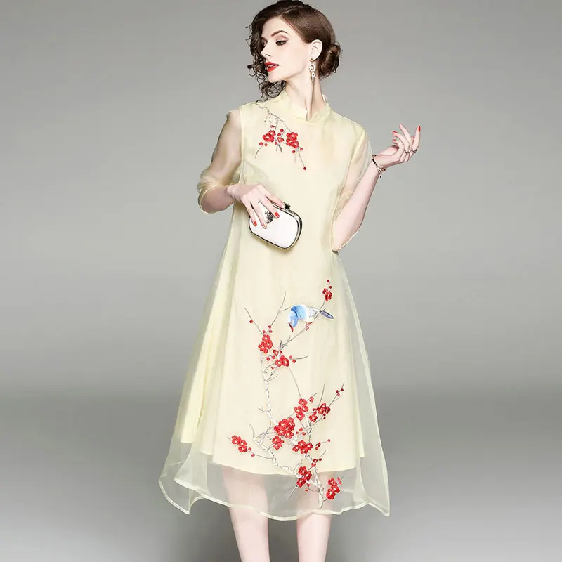 WZJHZ Новый Леди Cheongsam платье с вышивкой Винтаж ежедневно элегантный Для женщин