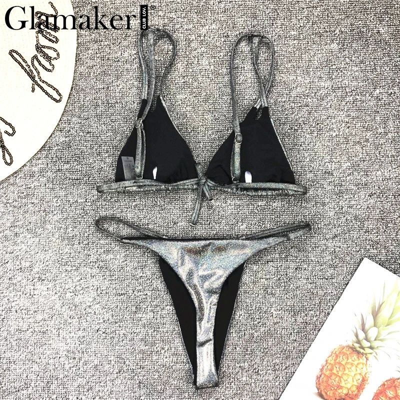Glamaker, блестящий купальник из двух частей,, Женский праздничный сексуальный облегающий купальник, боди, женский летний клубный боди с v-образным вырезом