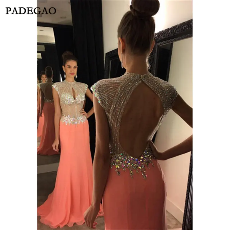 

Gorgeous Evening Dress With Beading A-Line Long Prom Dresses Hollow Back Sweep Train Formal Evening Dresses Vestido de noche