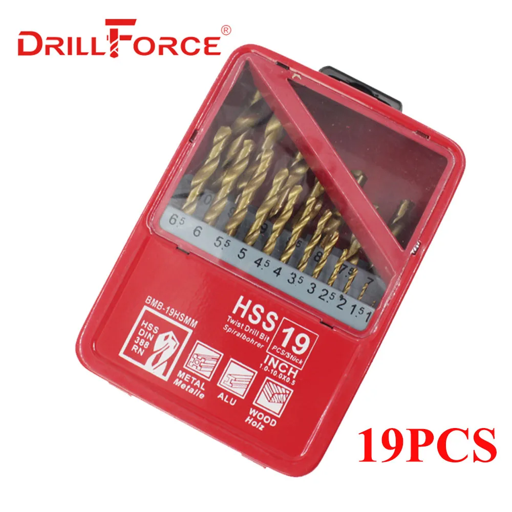 19PCS(1-10mm) DRILLFORCE 13/19/25 шт. HSS M2 Титан покрытием алмазное сверло для деревообрабатывающий сверлильный биты 1,0~ 13 мм Мощность инструменты аксессуары - Цвет: 19PCS(1-10mm)