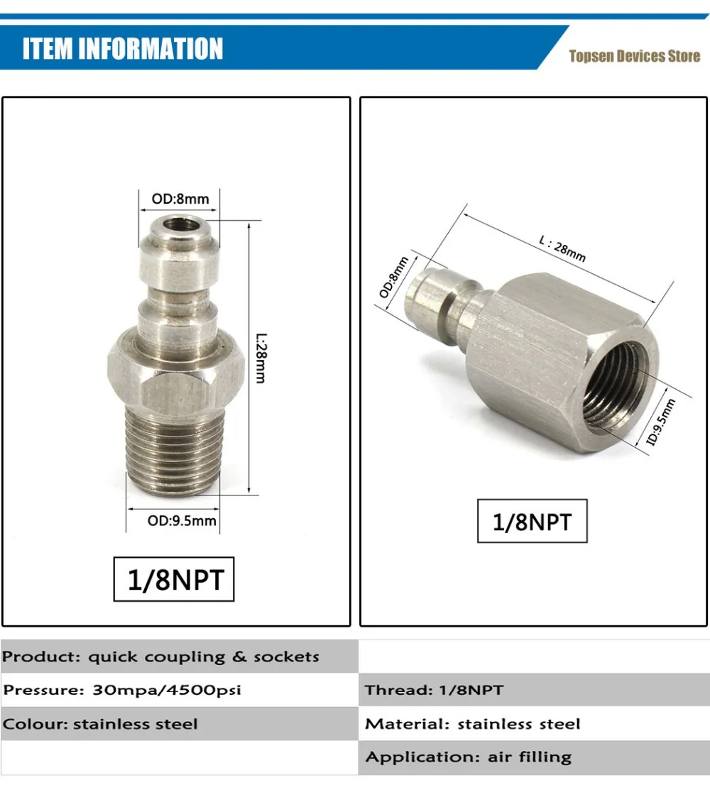 PCP Airforce Пейнтбол 1/8NPT штекер разъем 8 мм Женский Быстрый разъединитель из нержавеющей стали соединительные фитинги розетка 2 шт./компл
