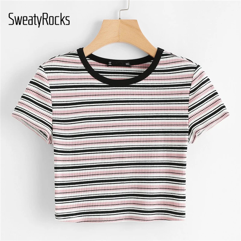 SweatyRocks контрастная лента полосатый принт ребристая Футболка короткий рукав круглый вырез Топы женские летние эластичные облегающие кроп-футболки