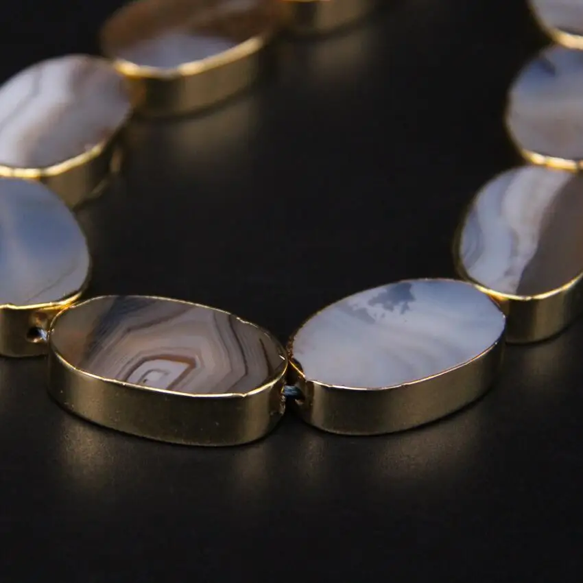 11pcs Natural Grey Marine Agates Flat Oval Slice Beads Plating Gold Edged Gems Stone Slab Pendants Bracelets Jewelry Making | Украшения и