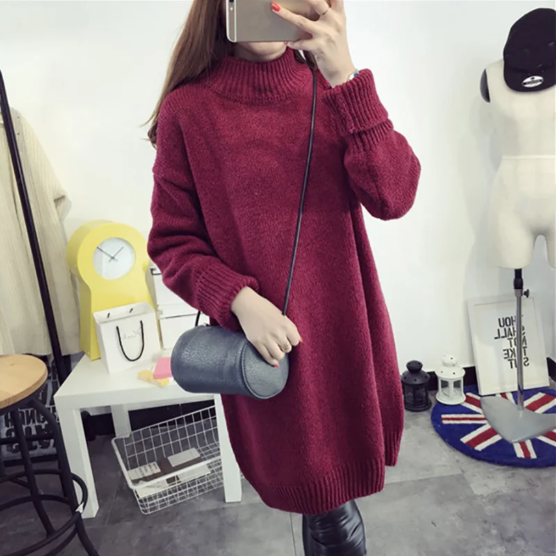 Solid Turtleneck Women Knitted Sweater Dress Long Sleeve Pullovers Loose Over Size Casual Warm Jumper 2020 Fall Woman Top | Женская