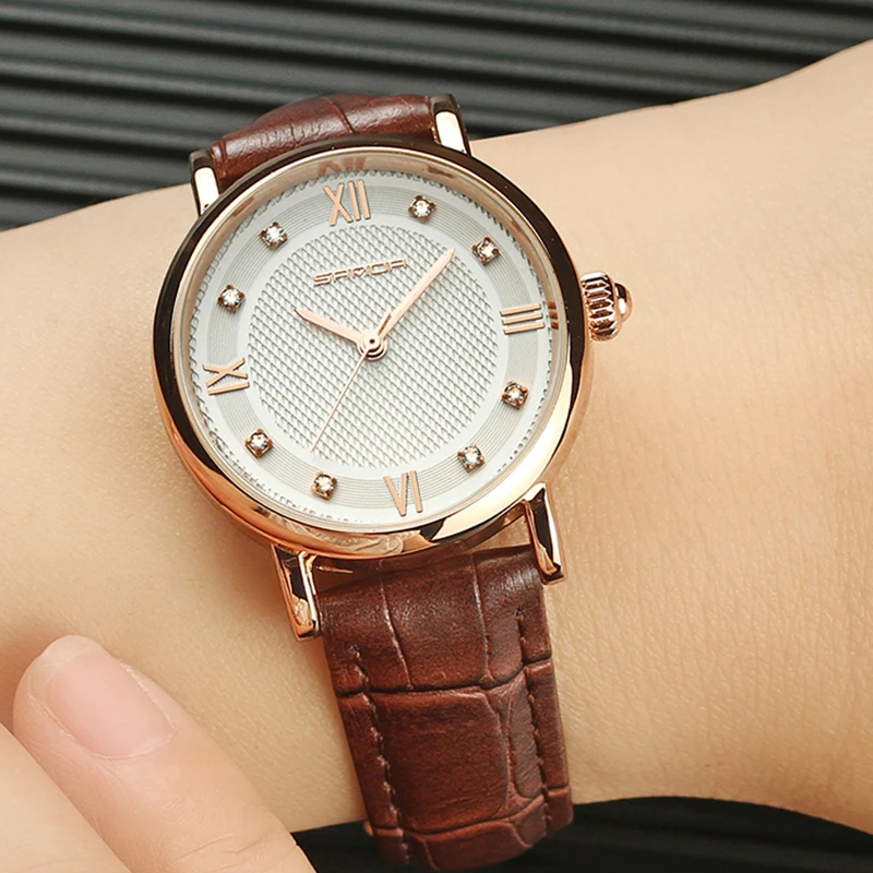 SANDA брендовые модные кожаные часы женские с кристаллами Элегантные наручные Geneva