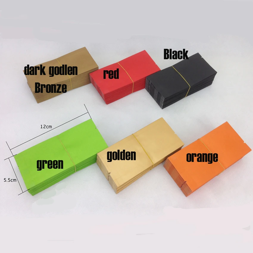 

2021 New Gift Bag 200pcs In/ 5.5x12cm 6colors Paper Pouches Stand Up Kraft Aluminium Foil Packing Grip Seal Food Grade Pockets