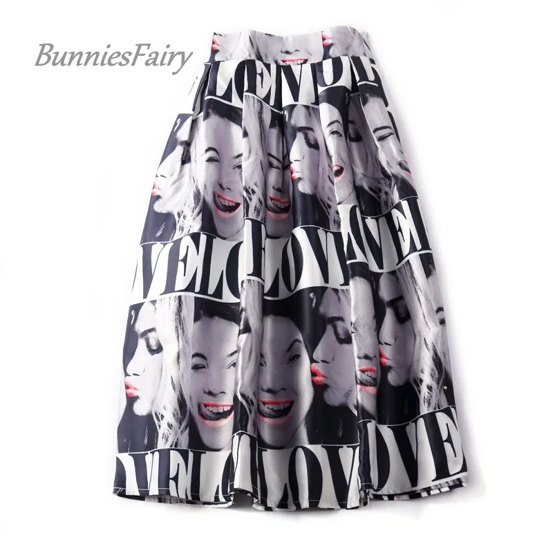 BunniesFairy, осень, 50 s, 60 s, Ретро стиль, для девушек, газетный принт, высокая талия, плиссированная, расклешенная юбка миди, Saia Longa Plissada - Цвет: 03