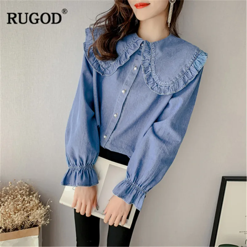 RUGOD Casual Office Lady Blue Blouses Peter pan collar Flare Sleve slim Women Shirts tops Plus size shirt Famele | Женская одежда