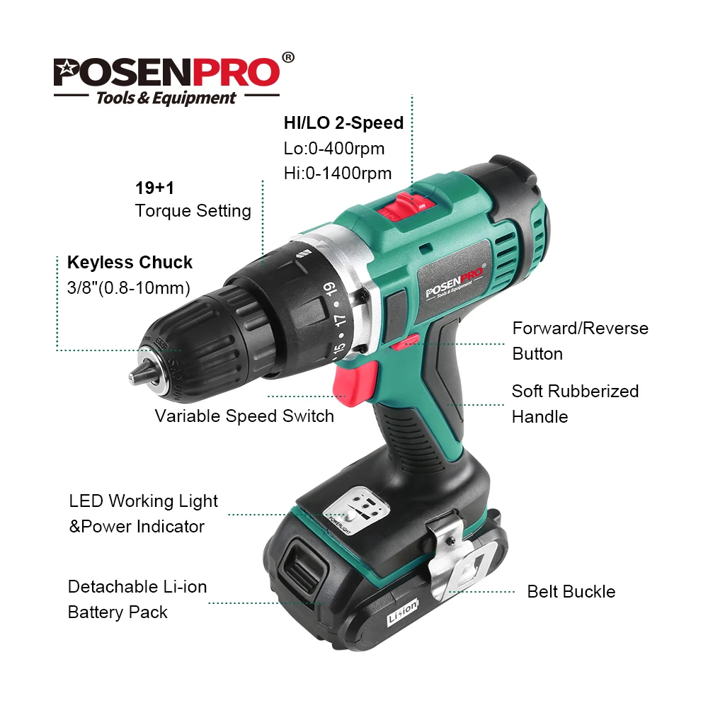 POSENPRO 18V 45Nm DC литий-ионный Батарея 3/8 дюймов 2-Скорость электрическая дрель Мини Электрическая отвертка Беспроводной Мощность драйвер