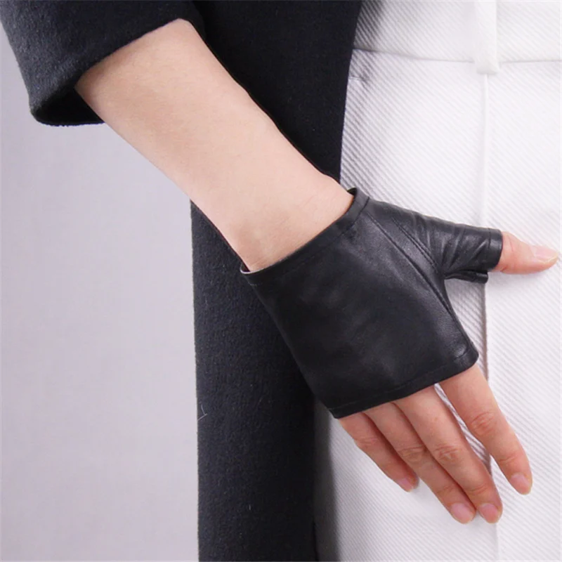 

Genuine Leather Gloves Ultra-Thin Pure Sheepskin Black Half Fingerless Ultra-Short Gloves Driving Female Models TB02