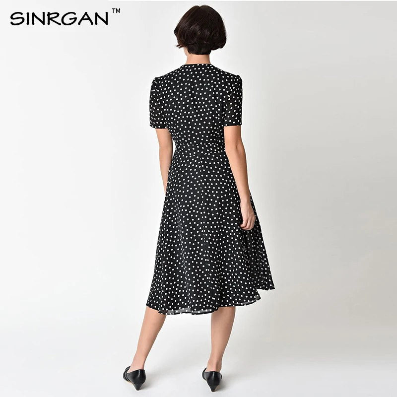 SINRGAN черный горошек печати зимнее платье vestidos v образным вырезом винтаж line роба