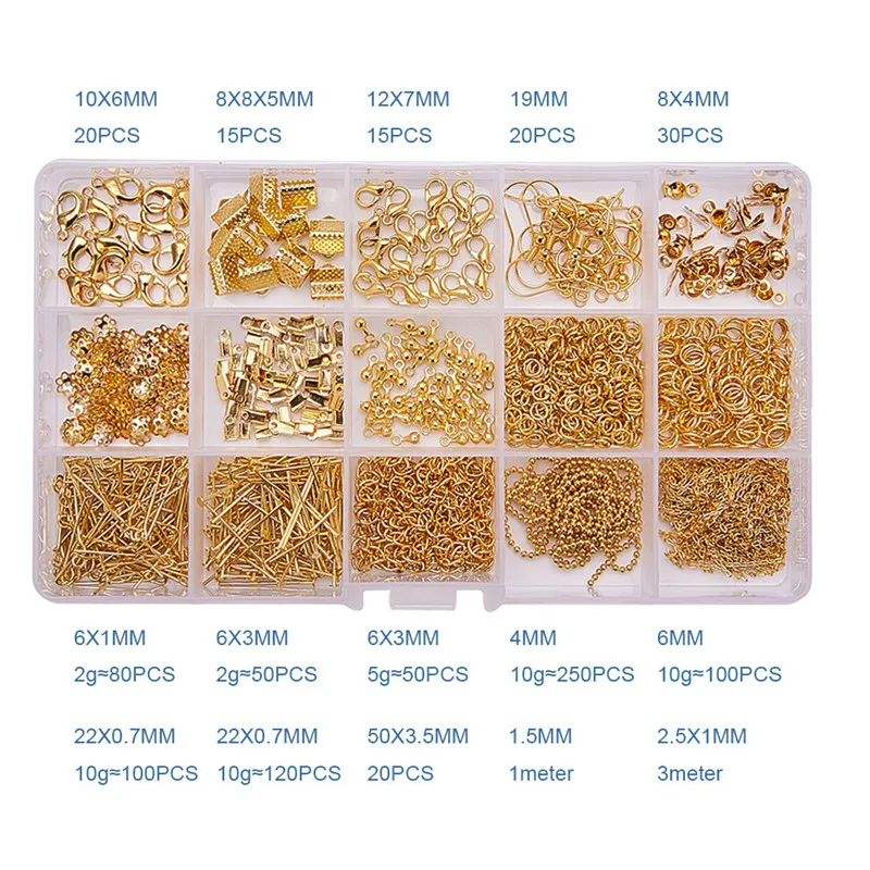 

Аксессуары для изготовления ювелирных изделий «сделай сам», 15 видов, 872 шт./кор., застежки-карабины, концы шнура, ленточные концы, соединитель...