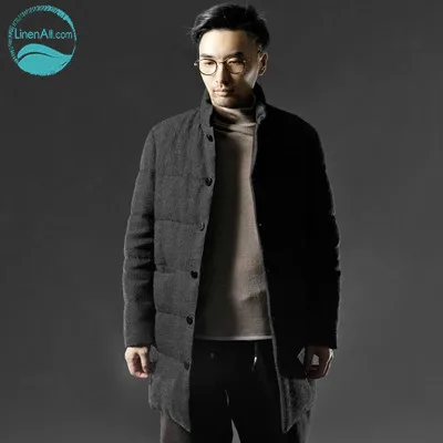 Мужская пуховая куртка LinenAll черная утепленная верхняя одежда средней длины с