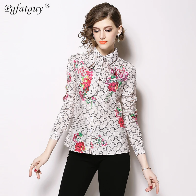 Elegant Office Lady Turn Down Collar Tied Neck Floral Geometric Printing Blouse Spring Women Button Loose Tops And Blouses