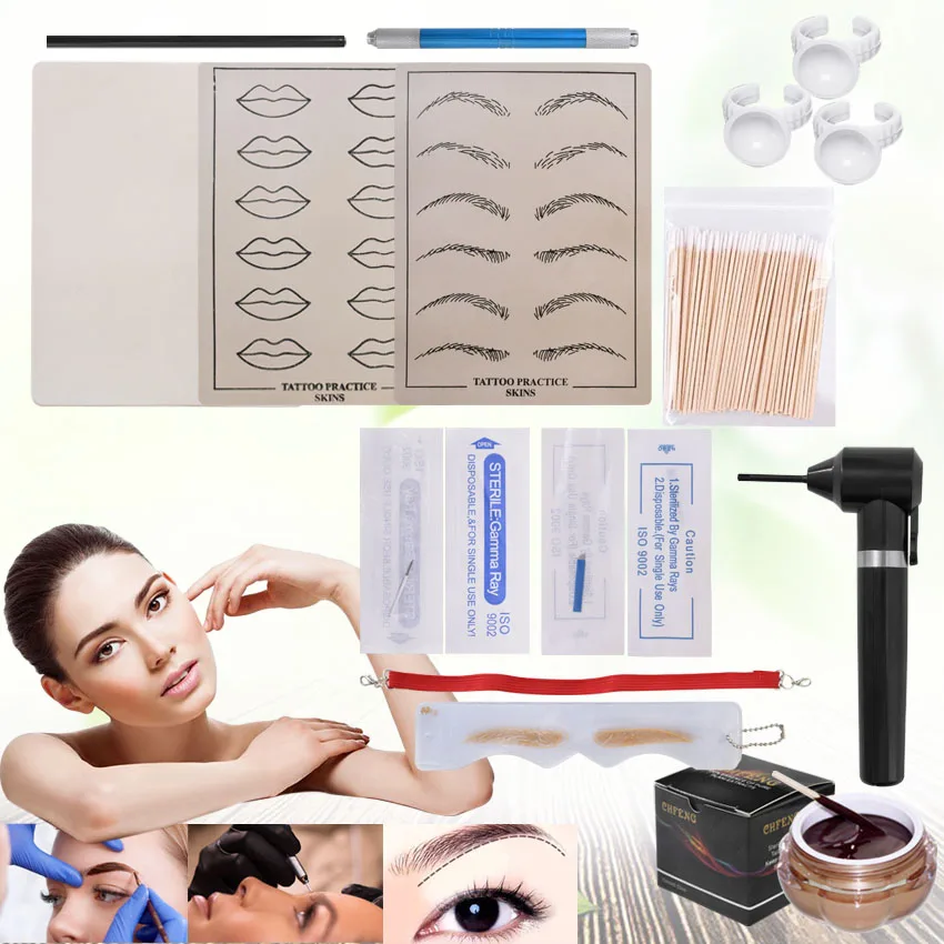 

Permanent Makeup Kit Tattoo Manual Pen Practice Skin Ink Mixer Microblading Needles Eyebrow Pencil Ruler Set Beginners Practice
