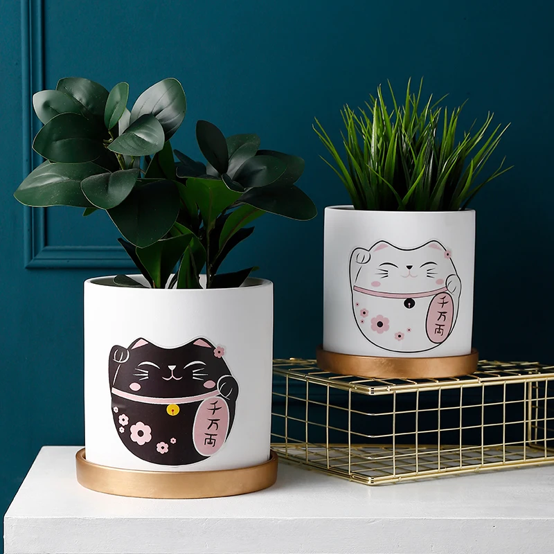 Керамический цветочный горшок Maneki Neko Lucky Cat с золотым подносом зеленые растения