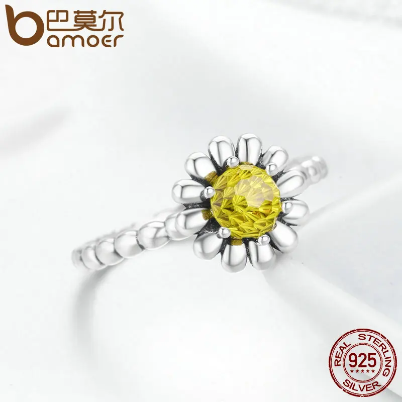 BAMOER 925 пробы Серебряное женское желтая Маргаритка цветок прозрачное CZ Кольцо на палец для женщин юбилей Свадебные украшения Anel SCR238