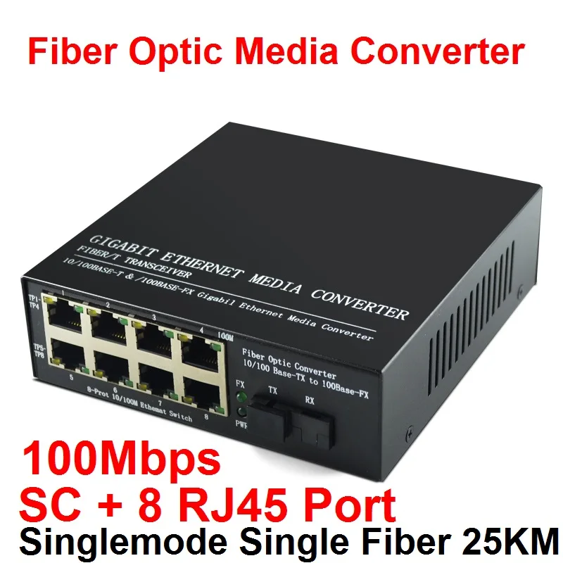 10100M Fiber Optic Media Converter Singlemode Single Fiber with SC and 8 RJ45 Port up to 25km