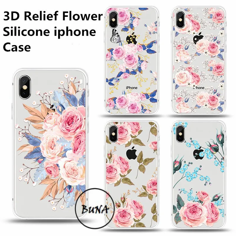 3D рельеф чехол для iPhone 7 Plus 8 X XS Max XR розовый цветок силиконовый 6/6S 6 Мягкий capinha |