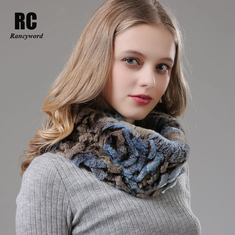 

[Rancyword] Women Scarf Shawls Knit Real Rabbit Fur Scarves Shawls Female Natural Fur Ponchos Winter Warm Scarf For Girl RC1385
