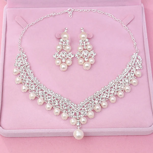 Necklace Роскошные серебряные свадебные аксессуары для волос, жемчужные стразы, короны и набор диадем, свадебное ожерелье, серьги, наборы, женские Украшения для волос - Окраска металла: Necklace