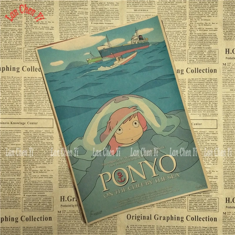 Ponyo на скале Хаяо Миядзаки мультфильм фильм крафт бумага Плакат Бар Кафе гостиная столовая детская комната декоративные картины