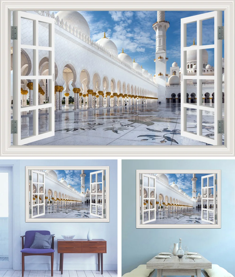 3d обои настенные наклейки с росписью Masjid Ислам Мусульманские настенные наклейки строительство вид окна домашний Декор виниловые наклейки для стен