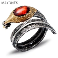 925 sterling silver feather resizable rings for women gift vintage thai silver red stone fashion jewelry anillos free shipping